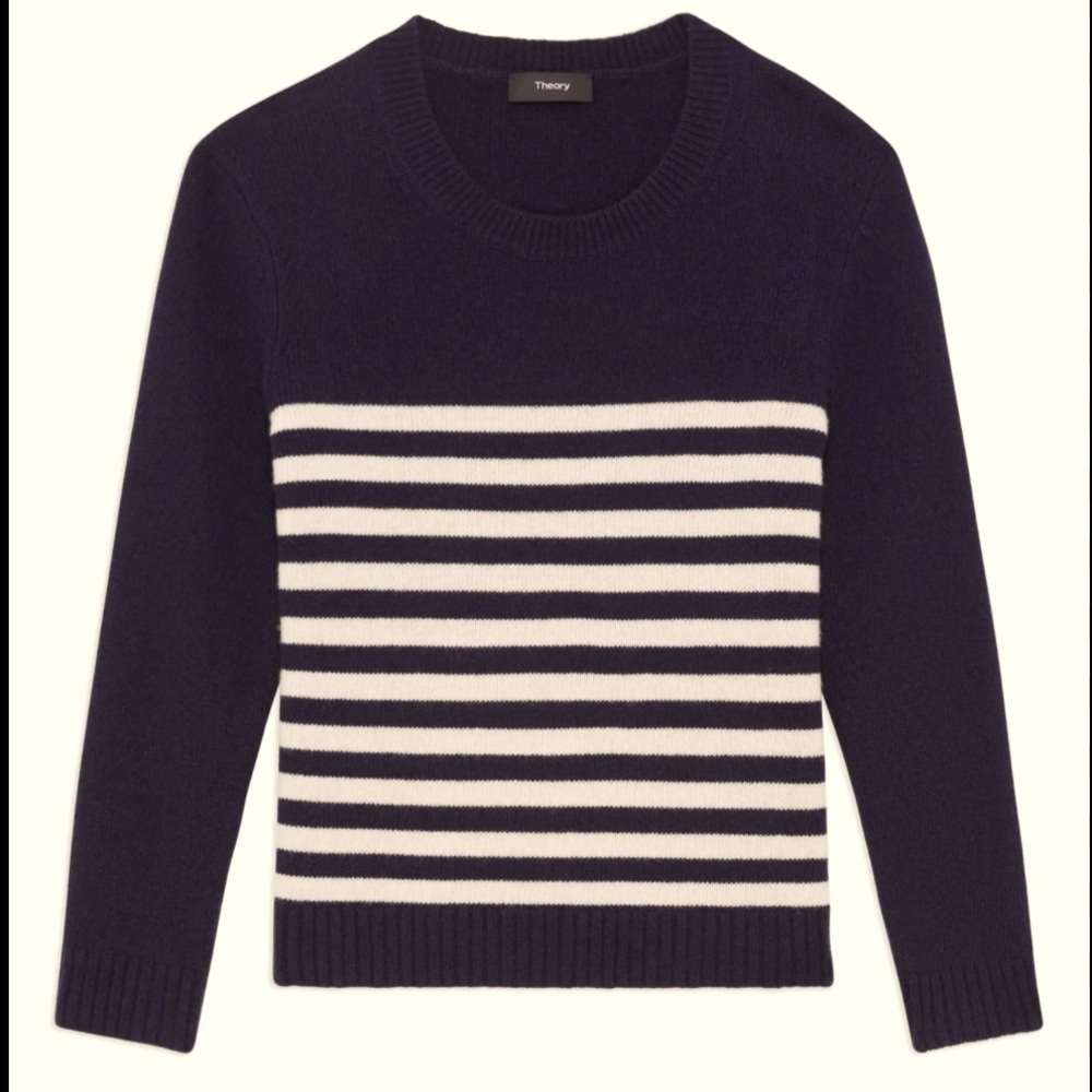NWT Theory shrunken crew neck striped sweater, size medium. Cashmere/wool blend.